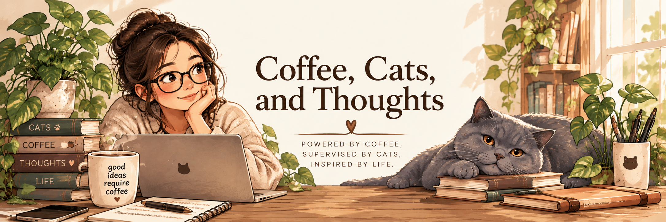Coffee, Cats, and Thoughts: Jones working alongside Deku, her blue British Shorthair cat