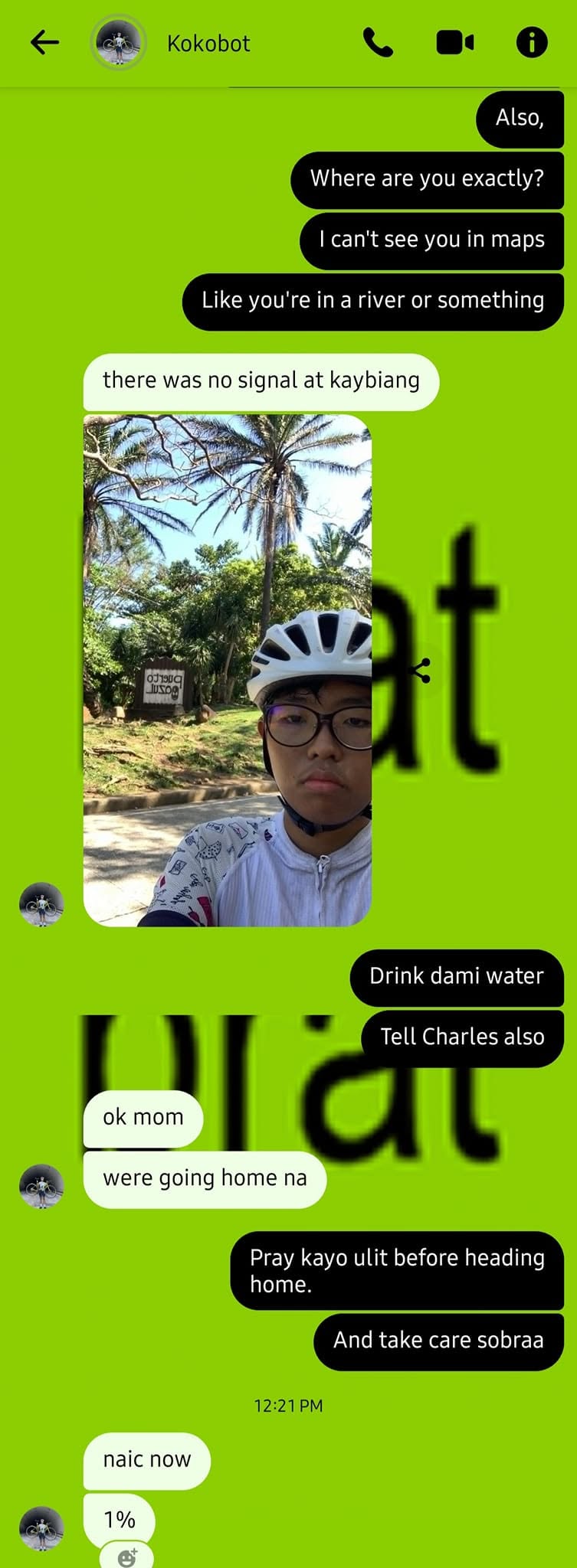 Messenger conversation with Koko during his 48-kilometer bike ride